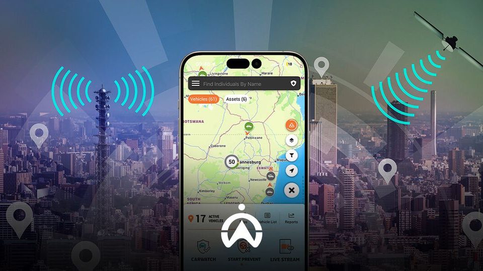 A smartphone displays a map with vehicle tracking features, set against a city skyline and satellite communication waves.