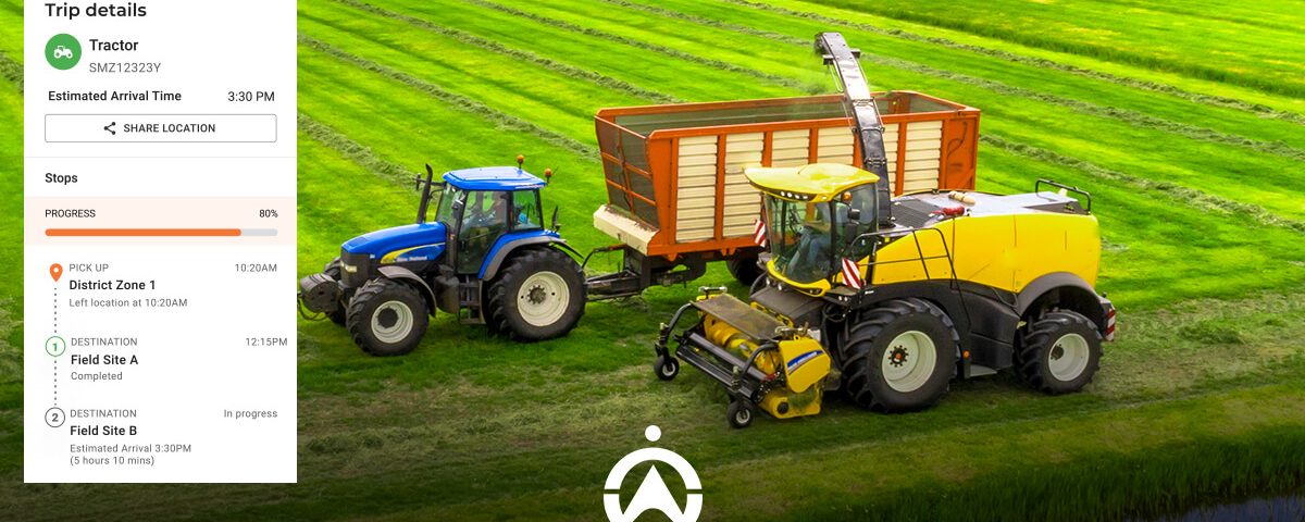 A blue tractor and a yellow harvester in a green field, with trip details displayed for ongoing agricultural work.