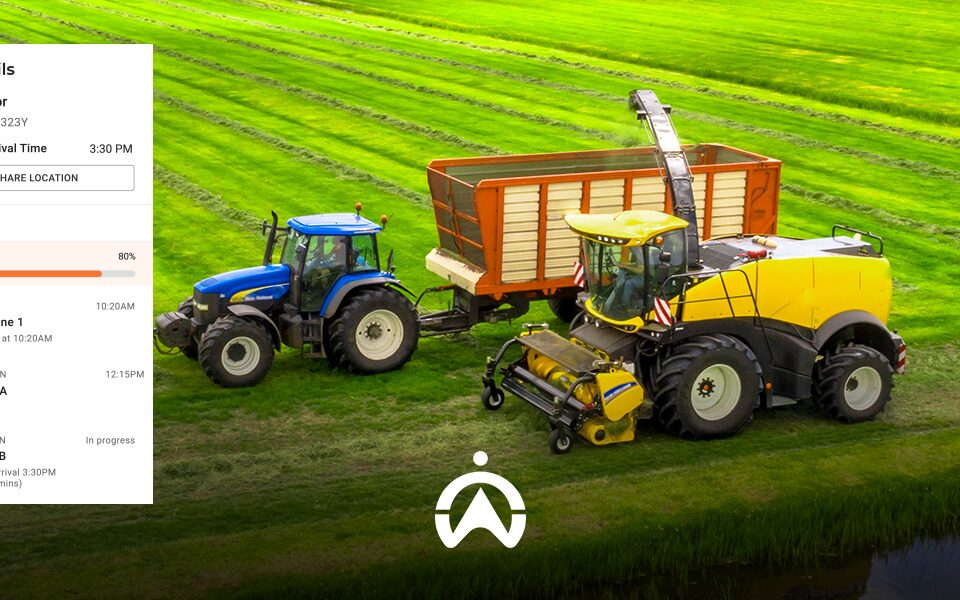 A blue tractor and a yellow harvester in a green field, with trip details displayed for ongoing agricultural work.