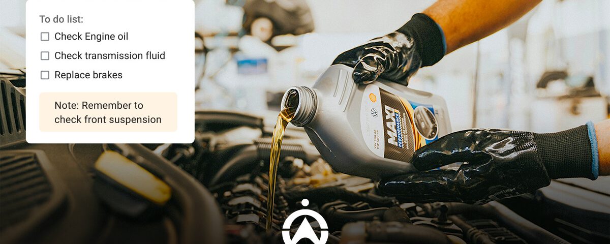 A mechanic in black gloves pours engine oil into a car's engine bay, with a maintenance to-do list visible on the side.