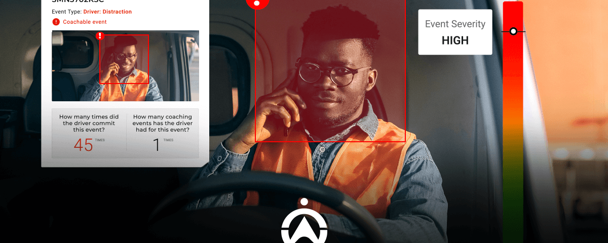 A driver in a vehicle wearing a safety vest observes an alert about distracted driving, with event severity marked as high.