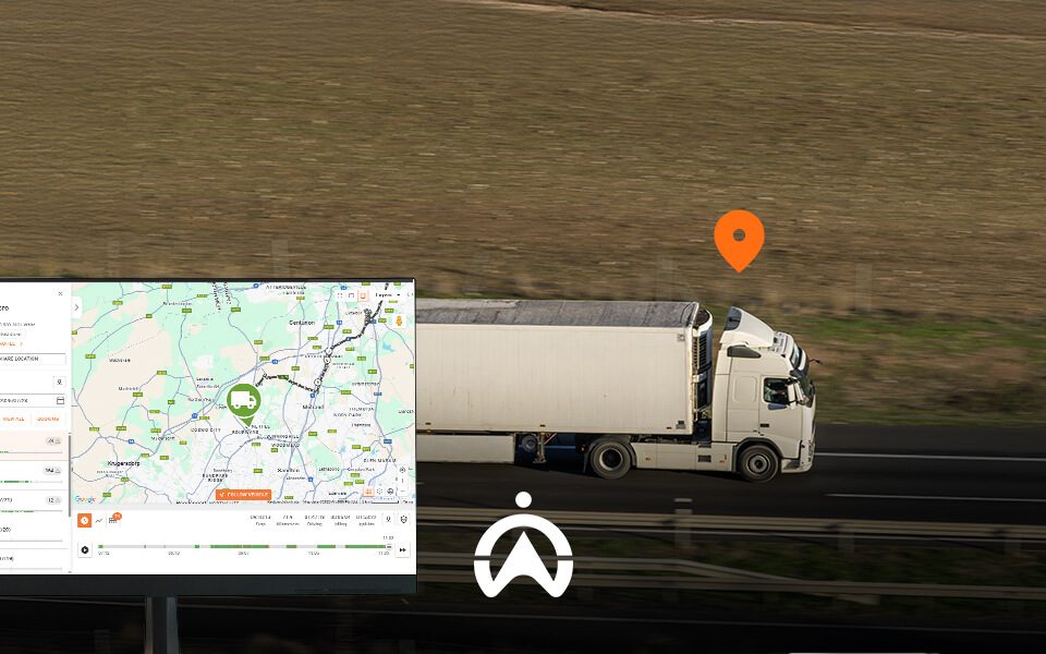 A GPS-enabled truck driving on a highway, with a digital map overlay showing vehicle details and location tracking.