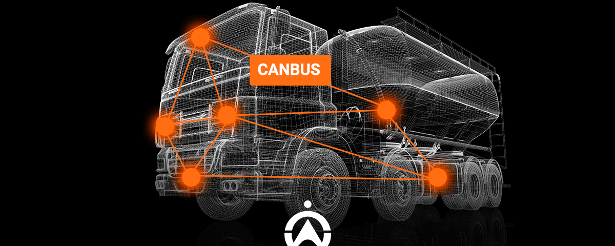 A wireframe outline of a truck labeled "CANBUS," highlighting interconnected systems and components on a black background.