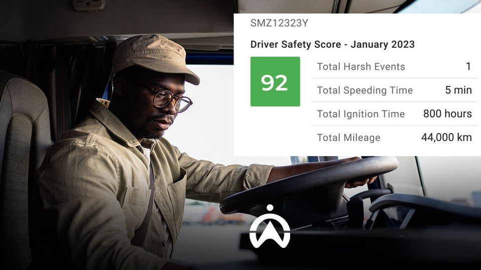 A truck driver monitors vehicle metrics, showcasing a Driver Safety Score of 92, with details on harsh events, speeding, ignition, and mileage.