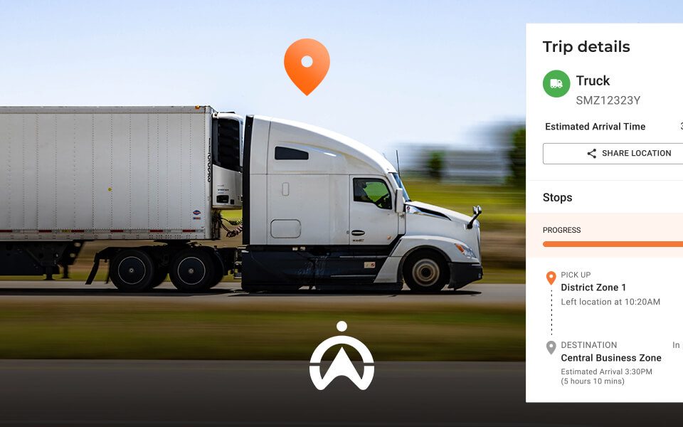 A white truck drives on a highway, displaying trip details, including progress and estimated arrival time.