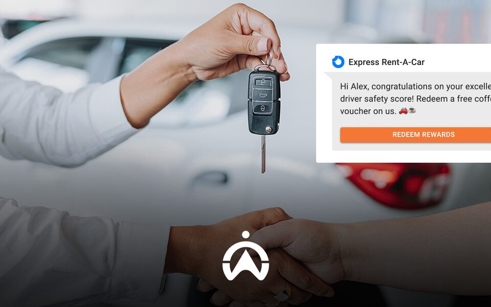 A person hands over car keys, accompanied by a message congratulating on a safe driving score and offering a free coffee voucher.